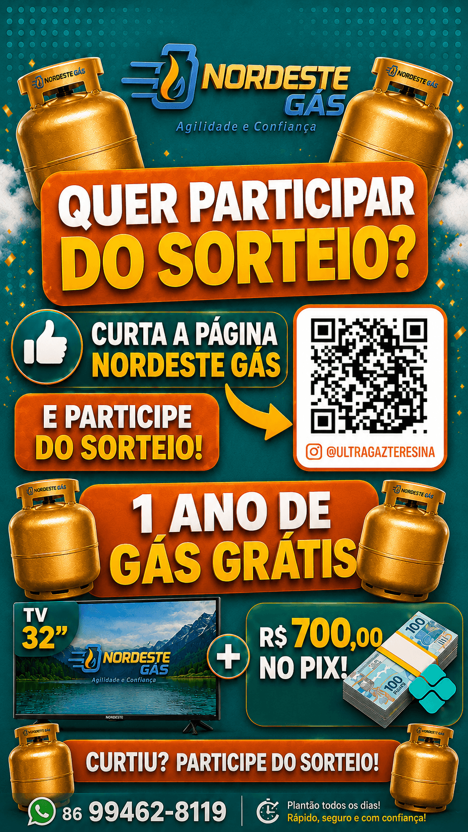 Promoção Nordeste Gás: siga a página, participe do sorteio e concorra a um ano de gás grátis, uma TV de 32 polegadas e R$ 700 no Pix.