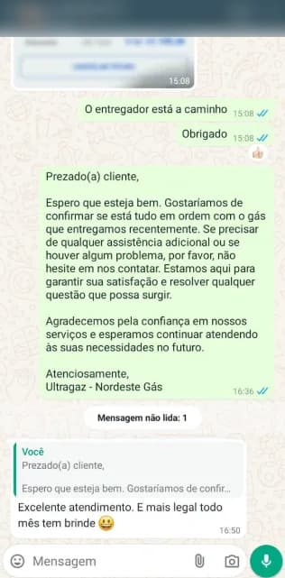 Conversa de atendimento publicada pela Nordeste Gás, registro 1.