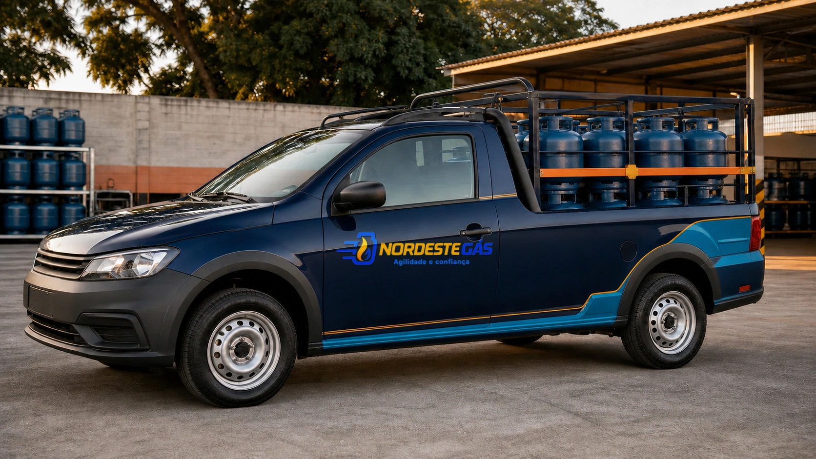 Visualização da nova identidade Nordeste Gás aplicada a um veículo de entrega.